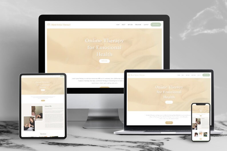 Puede incluir: Una maqueta de dise&ntilde;o web que muestra un dise&ntilde;o adaptable en m&uacute;ltiples dispositivos. El dise&ntilde;o presenta el texto "Online Therapy for Emotional Health" en una paleta de colores suave y neutra. Los dispositivos incluyen un ordenador de sobremesa, una tableta, un port&aacute;til y un smartphone.