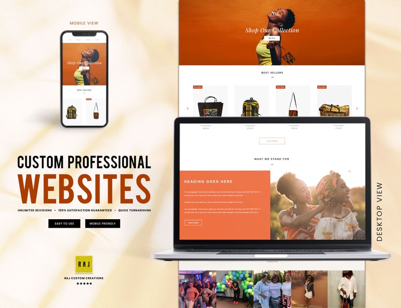 Puede incluir: Un dise&ntilde;o de sitio web que muestra una vista m&oacute;vil y una vista de escritorio. La vista m&oacute;vil muestra a una mujer sosteniendo una bolsa con el texto "Shop Our Collection". La vista de escritorio presenta un sitio web con el texto "Heading Goes Here".