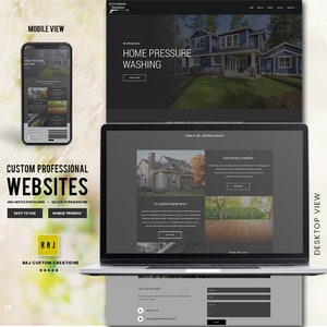 May include: A website design showcasing a mobile view on a smartphone and a desktop view on a laptop. The website promotes home pressure washing services and custom professional websites. The text includes "Easy to Use" and "Mobile Friendly".