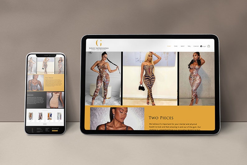 Puede incluir: Un smartphone y una tableta muestran un sitio web que presenta conjuntos de dos piezas. El sitio web presenta im&aacute;genes de modelos que usan los conjuntos, con una combinaci&oacute;n de colores dorados y marrones. El texto "Two Pieces" es visible en la pantalla de la tableta.
