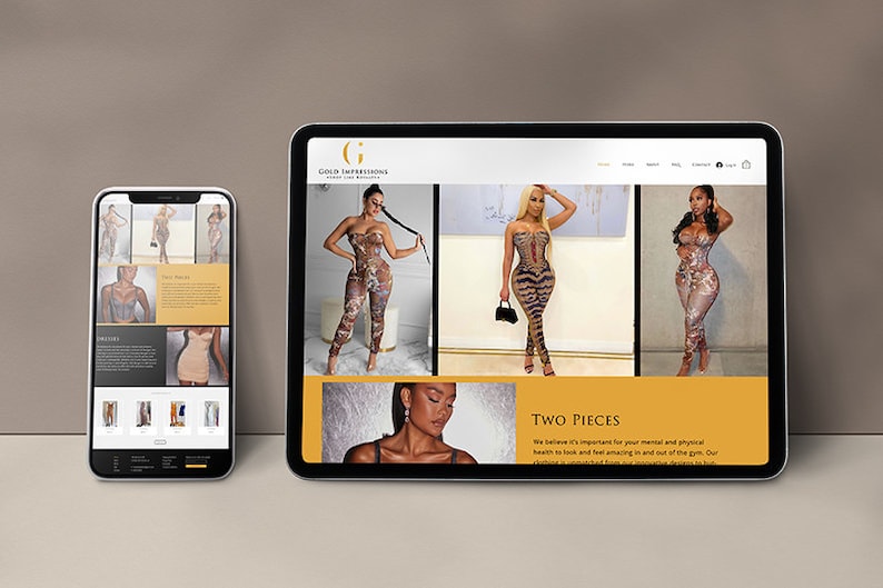 May include: A smartphone and tablet display a website showcasing two-piece outfits. The website features images of models wearing various patterned jumpsuits and corset tops. The website's color scheme includes gold and black.
