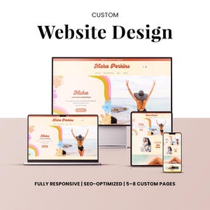 May include: A digital mockup showcasing a website design across multiple devices: a desktop computer, laptop, tablet, and smartphone. The website design features a light color palette with floral and rainbow accents. Text on the image reads "Website Design."