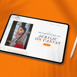 May include: A digital tablet displays a website with a painting of a Native American girl with a bow and arrow. The text on the screen reads "The paintings are all acrylic on canvas." A white stylus rests on the orange surface.