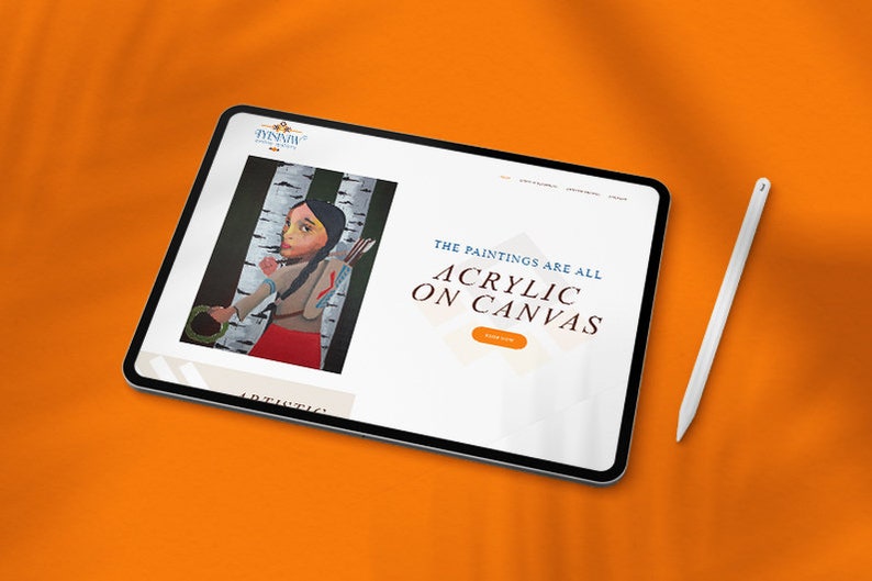 May include: A digital tablet displays a website with a painting of a Native American girl with a bow and arrow. The text on the screen reads "The paintings are all acrylic on canvas." A white stylus rests on the orange surface.