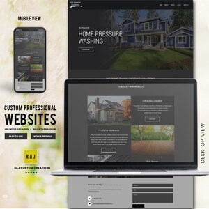 Puede incluir: Dise&ntilde;o web que se muestra en un tel&eacute;fono inteligente y un ordenador port&aacute;til, promocionando el lavado a presi&oacute;n a domicilio y sitios web profesionales personalizados. La imagen contiene el texto "MOBILE VIEW", "HOME PRESSURE WASHING" y "CUSTOM PROFESSIONAL WEBSITES".
