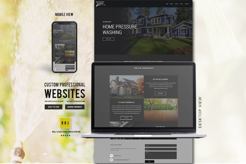 Puede incluir: Dise&ntilde;o web que se muestra en un tel&eacute;fono inteligente y un ordenador port&aacute;til, promocionando el lavado a presi&oacute;n a domicilio y sitios web profesionales personalizados. La imagen contiene el texto "MOBILE VIEW", "HOME PRESSURE WASHING" y "CUSTOM PROFESSIONAL WEBSITES".
