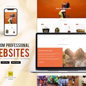 May include: A website design showcasing a mobile view and a desktop view. The mobile view displays a woman holding a bag with the text "Shop Our Collection". The desktop view shows a website with the text "Heading Goes Here". The image also includes the text "Custom Professional Websites".