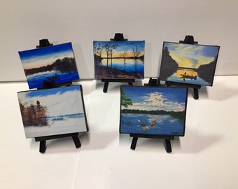 Miniature Prints from my Original Paintings on Canvas with an Easel included, Mini, Tiny Lake painting, Small 4x3 inch, Lake Life Views.
