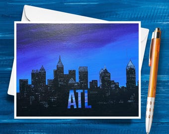 Atlanta Georgia Night Skyline Blank Note Card with Envelope, The ATL Blue Silhouette Skyline, Blank Greeting Card, or Postcards