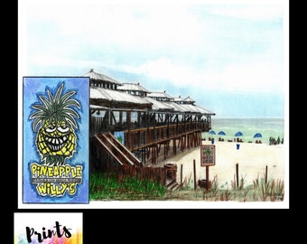 PINEAPPLE WILLYS Restaurant, Panama City Beach Florida, Original Art Print, Ocean Beach View, Pineapple Willys BBQ ribs, Ocean Beach Pier.