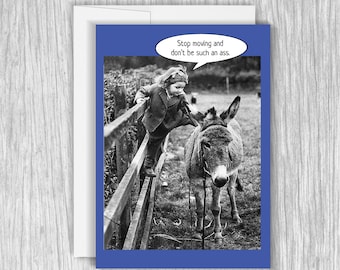 Funny Donkey Birthday Card, Funny Birthday Card, Funny Greeting Card for Friend, Get Ass In Gear, Animals, Birthday Humor