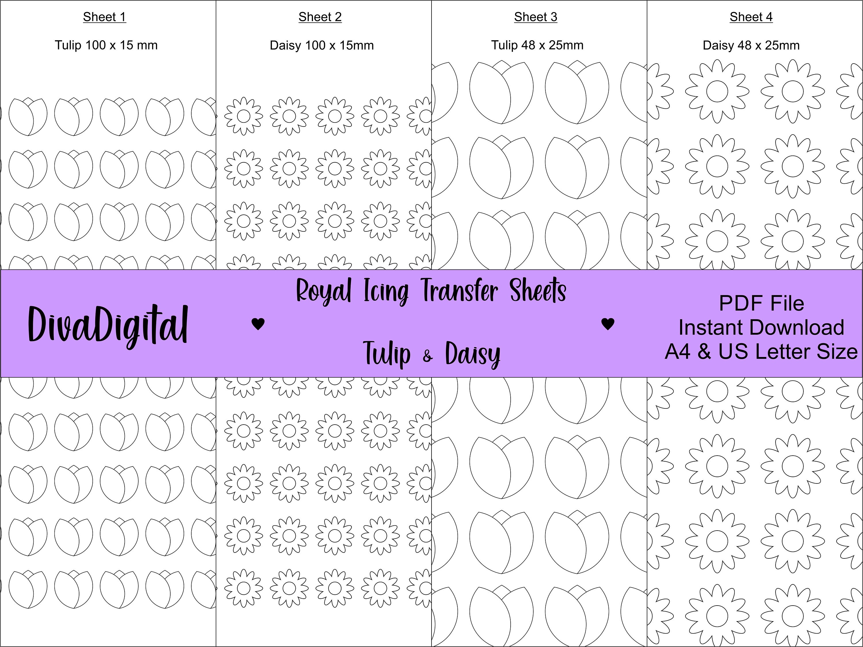 Royal Icing Transfer Sheets Tulip & Daisy PDF File A4 and US Etsy