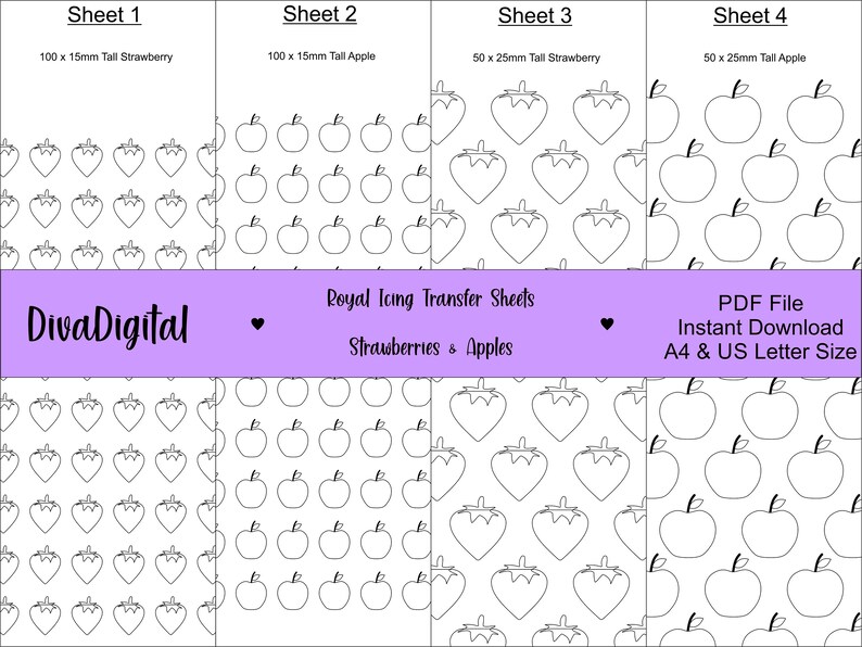 Royal Icing Transfer Sheets Strawberry & Apple in 15mm and Etsy