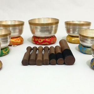 Hand Beaten 7 Chakra Singing Bowl Set: Silver Coated, Meditation Healing