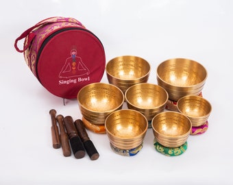 Handmade Tibetan Singing Bowl Set -Set of 7 Singing Bowls-Seven Chakra Sized Singing Bowl Set -Best for Yoga, Meditation & Mindfulness