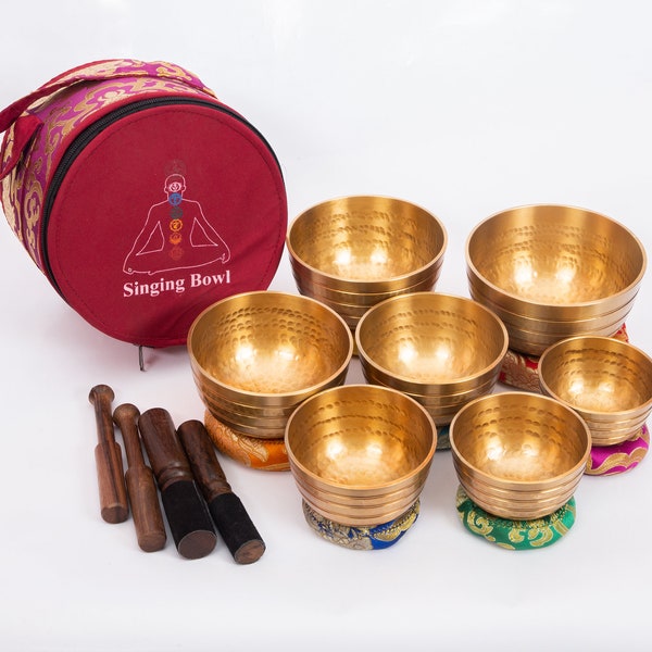 Handgefertigte tibetische Klangschale Set-7 Klangschalen-Sieben Chakra Klangschalen Set-Best für Yoga, Meditation & Mindfulness