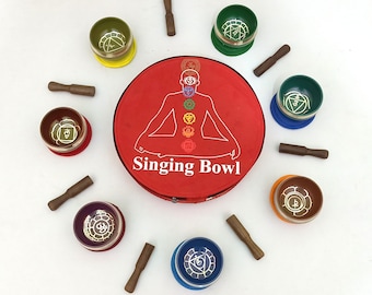 Juego de cuencos tibetanos de 7 chakras hechos a mano: campanas de meditación para yoga