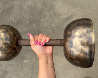 Klankschalenset met dubbele kelkgreep | Wortel-/hart- of wortel-/keelchakra-combinatie | Himalaya-instrument voor genezing van geluid | Handgemaakt in Nepal