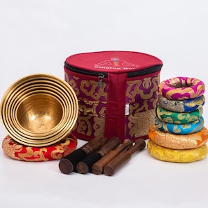 Handmade Tibetan Singing Bowl Set: 7 Chakra Bowls, Cushions, Mallets & Case