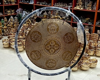 Handcrafted Tibetan Gong: Double Vajra and Bhairab Engraved, Meditation Sound Healing