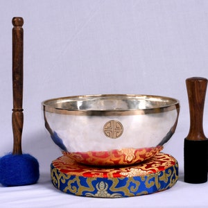 Silver Coated Full Moon Singing Bowl with Buddha/ Manjushree Crafted -Big Size Singing Bowl -Best for Healing, Meditation, Yoga & Collection