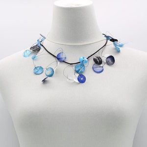 Aqua hanging flower basket necklace - hand painted - short