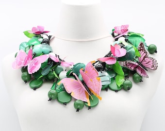 Aqua Wooden Beads, Leaf, Mixed Fruit and Butterflies Necklace