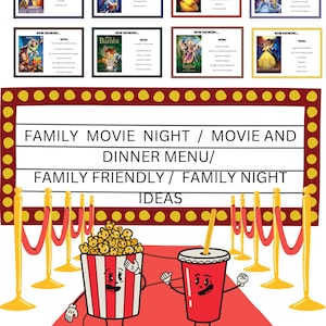 45 Dinner and a Movie Night Menus/ Mystery Movie Night/Family Movie Night Ideas/Movie Night Menus/Family Night