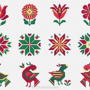 May include: A set of 12 cross-stitch patterns featuring red and green floral and bird designs. The patterns include tulips, flowers, stars, and birds.