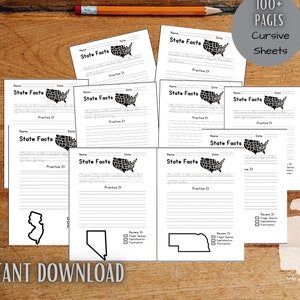 Cursive Penmanship and Handwriting Practice For Older Students | 8.5 x 11 Digital Print | State Capitals Edition