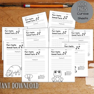 Cursief handschrift en handschriftoefening voor oudere studenten | 8,5 x 11 digitale afdruk | Animal Fact-editie