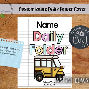 Customizable Daily School Folder Cover | Editable Printable PDF/JPEG/PNG Digital Download for Students | Personalized Folder Front for Kids