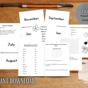 Könnte beinhalten: Ein Satz druckbarer Arbeitsblätter zum Unterrichten von Daten. Die Arbeitsblätter enthalten einen Kalender, ein Suchwort und Aktivitäten zum Erlernen der Monate des Jahres. Die Arbeitsblätter sind in Schwarzweiß und haben ein schlichtes Design.