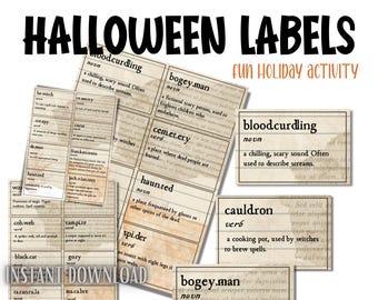 May include: A collection of printable Halloween labels featuring dictionary-style definitions for words like bloodcurdling, bogeyman, cemetery, haunted, and cauldron. The paper has a vintage, aged appearance with tan and brown tones.