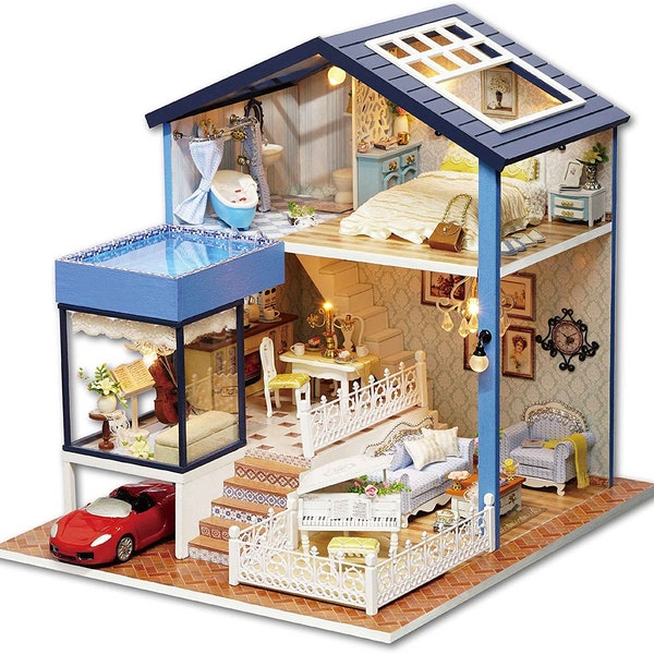 DIY Miniature Little Seattle Villa with Poo, Lights, Car, and Music Box (Kisoy Romantic Night Wooden Dollhouse House Kit) - MINIASHORE