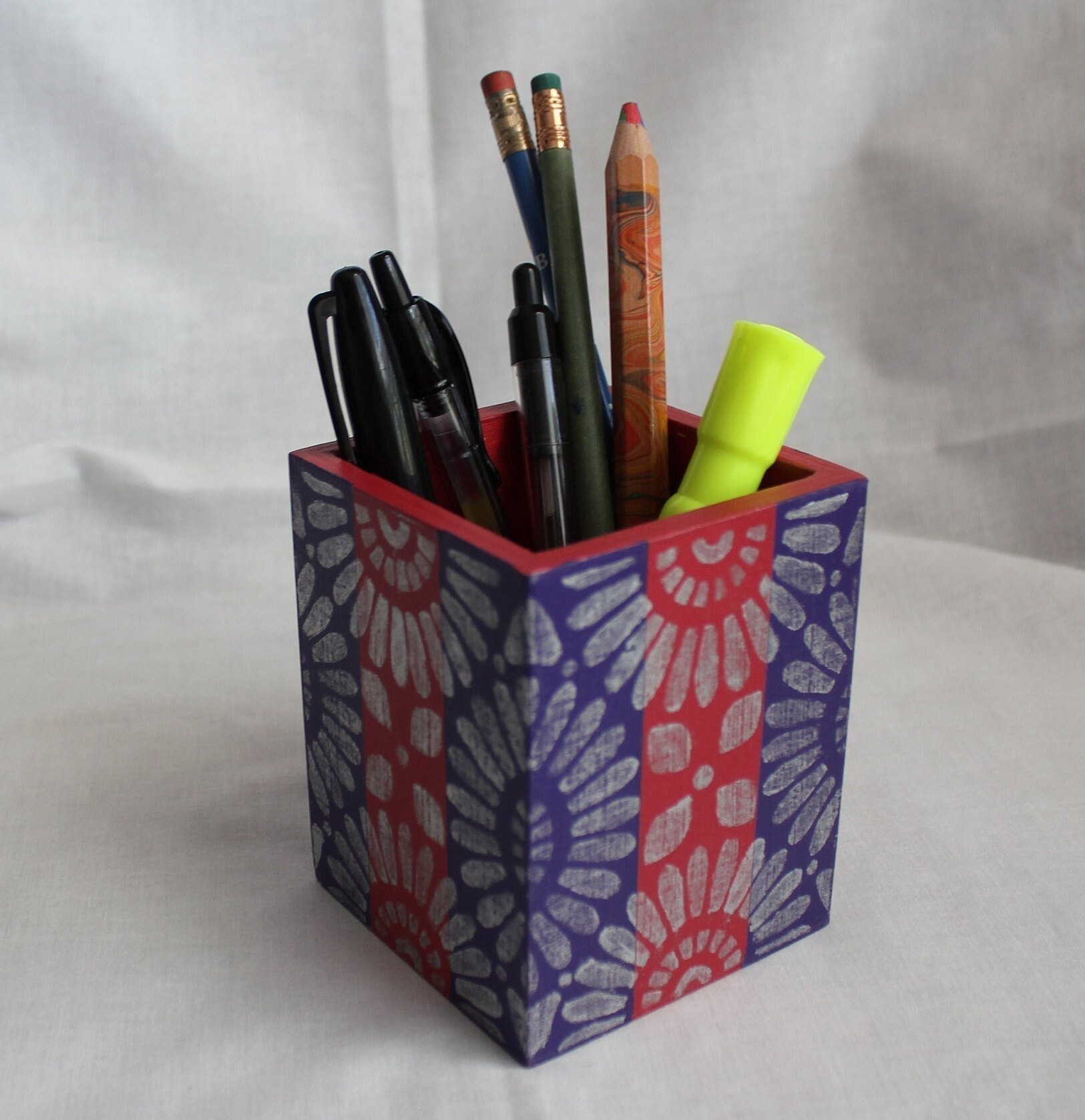 Handpainted Wooden Pencil Holder Red/purple Stripes With Silver Floral