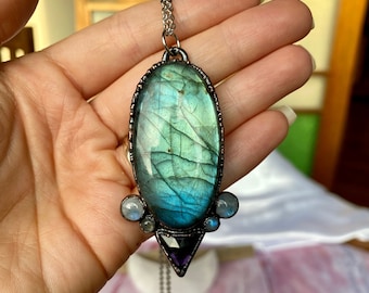 Blue, Aqua Labradorite Crystal Necklace - Protection Amulet with Rainbow Moonstone and Amethyst Accents