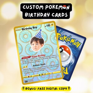 Carte d'anniversaire Pokémon personnalisée - fichier numérique gratuit - plastifié holographique, chapeau d'anniversaire, cadeau d'anniversaire, cadeaux, personnalisation facile