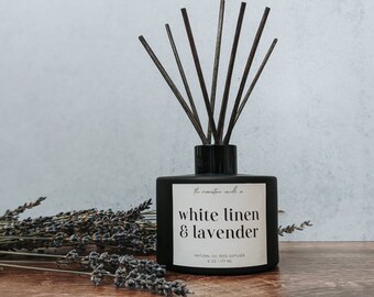 White Linen + Lavender All Natural Oil Reed Diffuser Flame Free Home Fragrance Gift Floral Clean Fresh