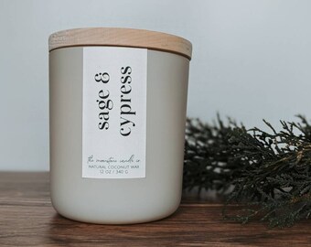 Sage Cypress Natural Coconut Wax Candle Tree Woodsy Scent Modern