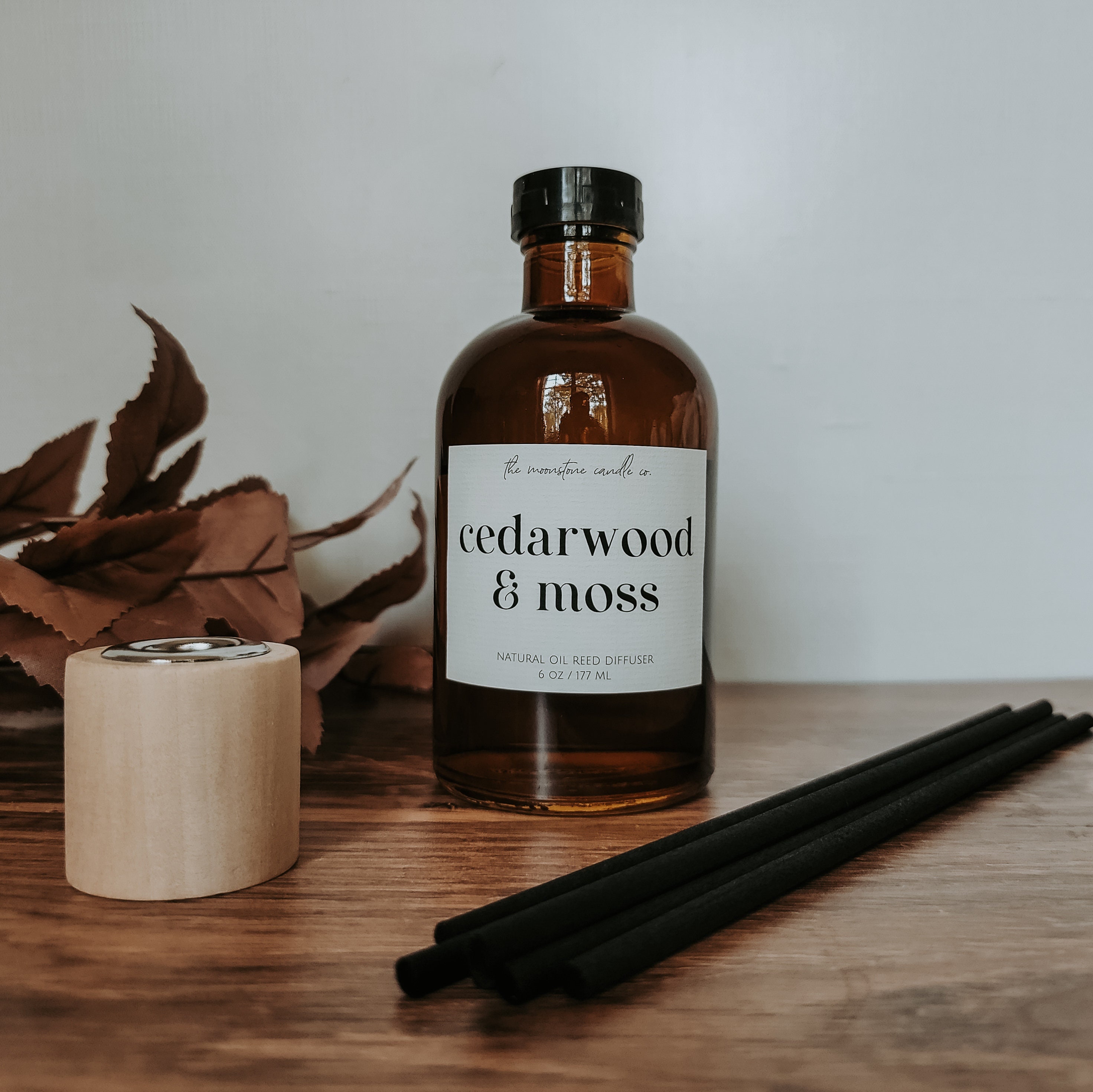 Cedarwood + Moss All Natural Oil Reed Diffuser Amber Glass Bottle Flame ...