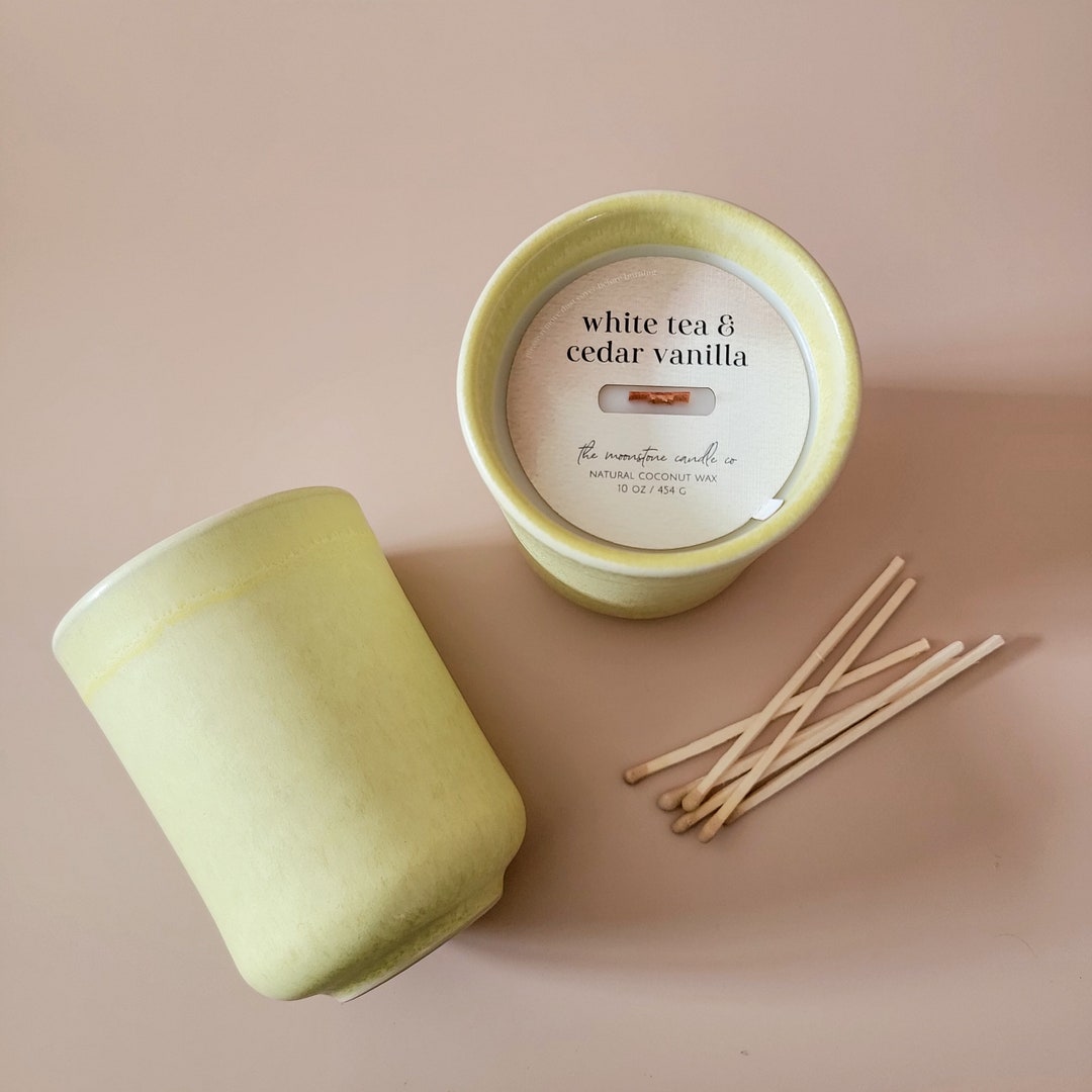White Tea Cedar Vanilla Natural Coconut Wax Candle Modern Spa Clean