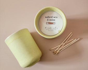 Salted Sea + Mint Natural Coconut Wax Candle Modern Spa Clean Scent Wooden Wick