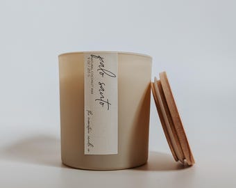 Vela de Palo Santo de cera de coco natural de 255 g (9 oz), aroma a madera cálida, mecha de madera