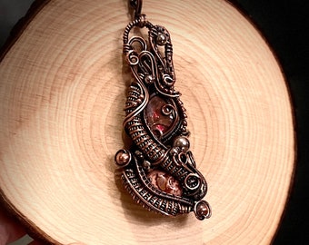 Mixed Metal Heady Wire Woven Statement Pendant with Ammolite and Fire Opal