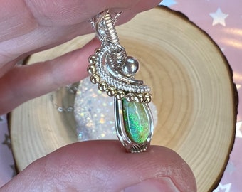 Silver and Gold Wire Wrapped Monarch Opal Mini Pendant
