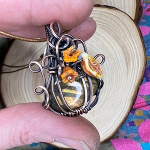 Wire Wrapped Orange Labradorite Pumpkin Pendant