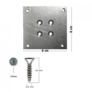 K&ouml;nnte beinhalten: Eine silberne Metallplatte mit vier L&ouml;chern, die 8 cm x 8 cm misst. Die Platte ist so konzipiert, dass sie mit Schrauben an einer Oberfl&auml;che befestigt werden kann. Eine silberne Schraube ist ebenfalls abgebildet, die 2,5 cm lang und 0,7 cm im Durchmesser ist.