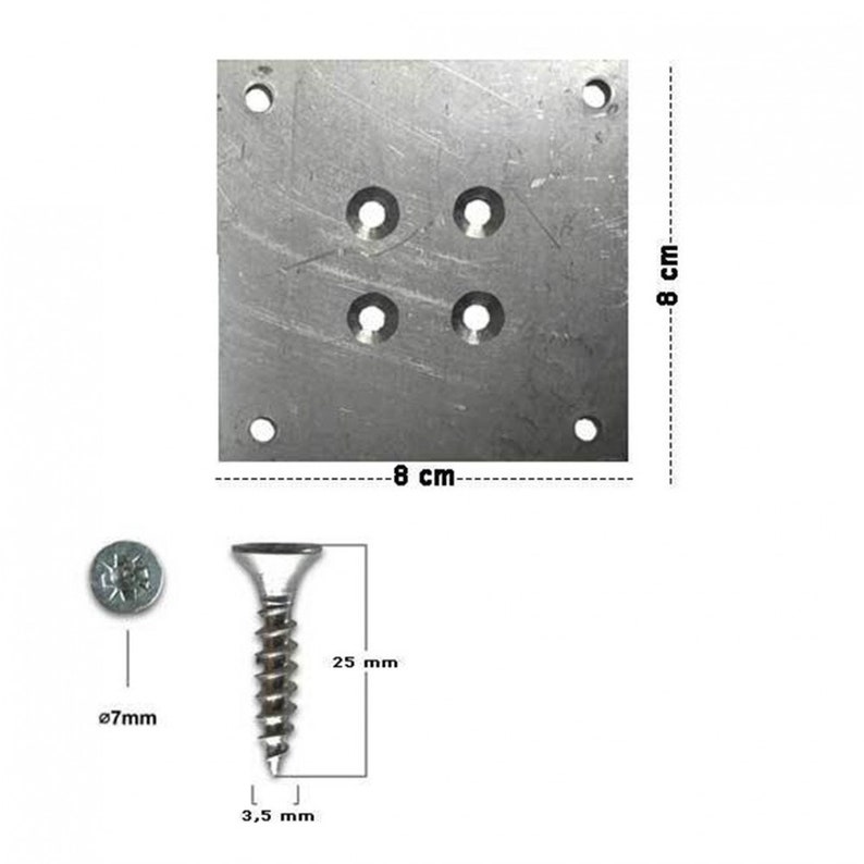 K&ouml;nnte beinhalten: Eine silberne Metallplatte mit vier L&ouml;chern, die 8 cm x 8 cm misst. Die Platte ist so konzipiert, dass sie mit Schrauben an einer Oberfl&auml;che befestigt werden kann. Eine silberne Schraube ist ebenfalls abgebildet, die 2,5 cm lang und 0,7 cm im Durchmesser ist.