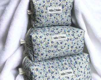 Baby Blue Floral Handmade Quilted Boxy Makeup Bag with lining & zipper - Mini/Medium/Large